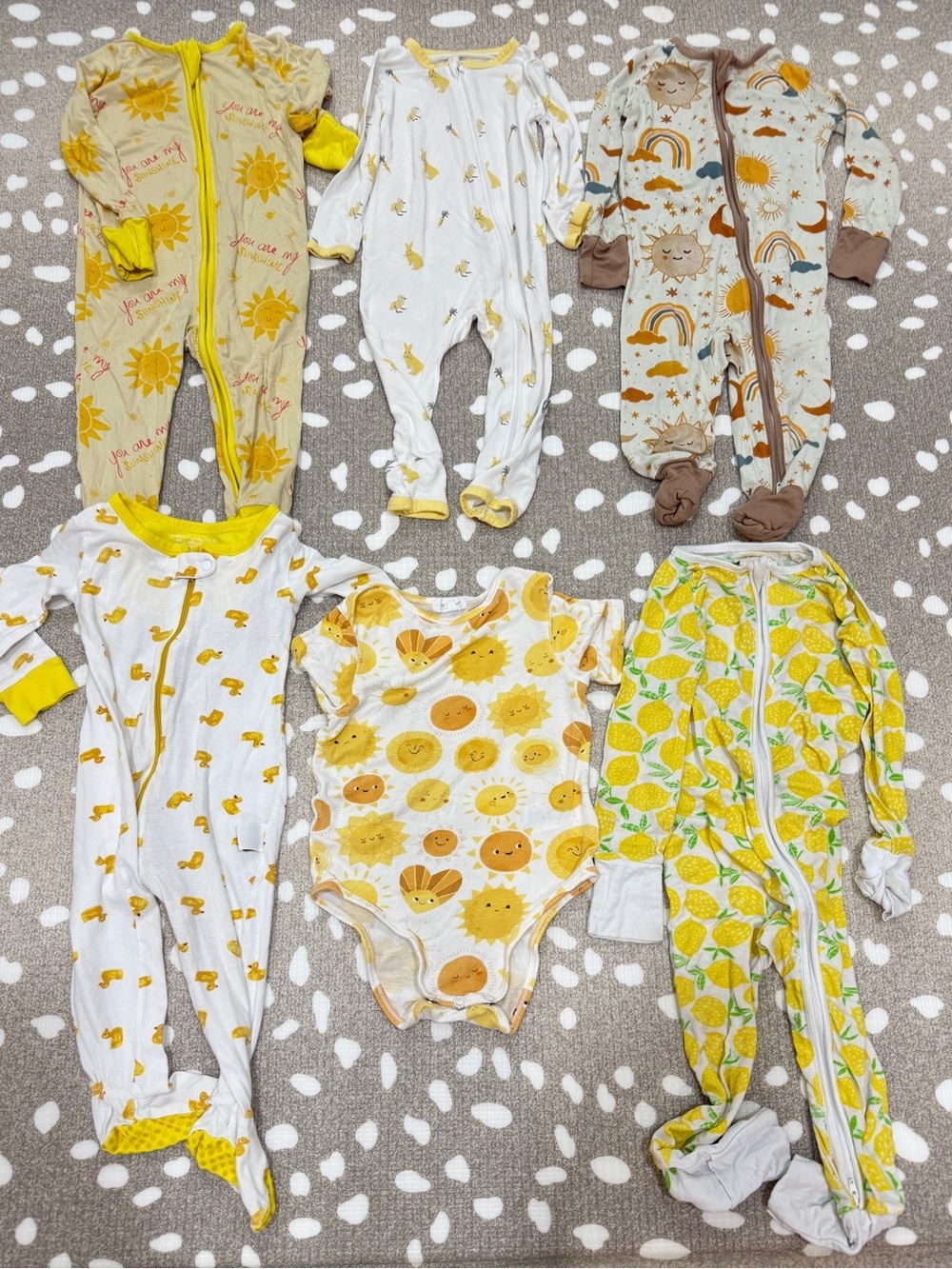 Lot of 6 toddler footies bamboo unisex neutral lemons kyte baby birds suns zippy